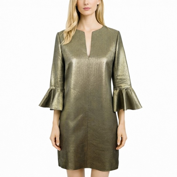 BCBGMaxAzria Dresses & Skirts - BCBG MAXAZRIA Judy Metallic Bell Sleeve Shift Dress Cocktail Holiday Size S